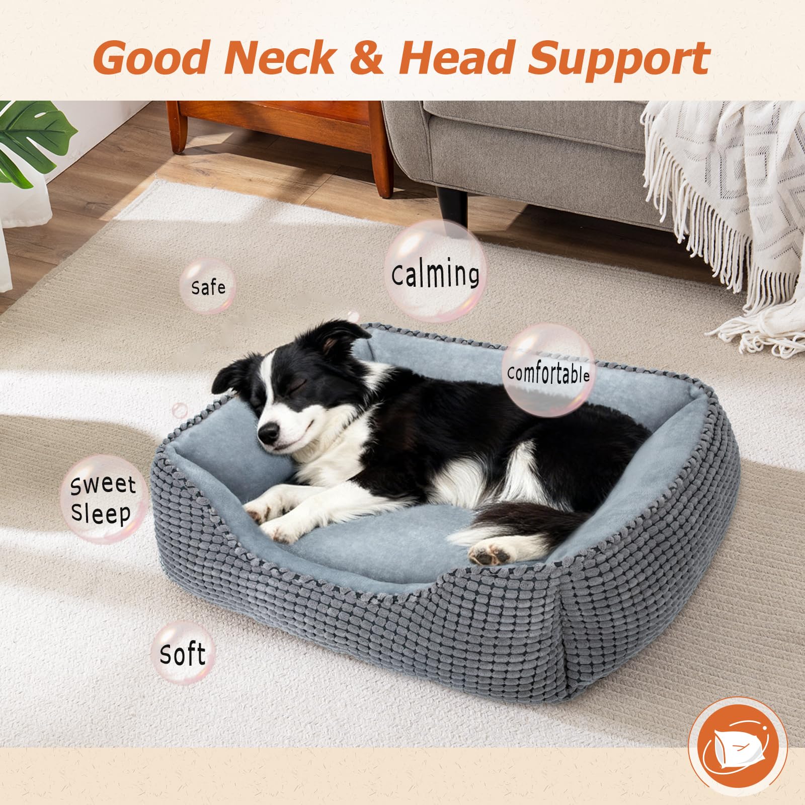 MIXJOY cama-perro borde-elevado, perfil lateral con soporte para cabeza.