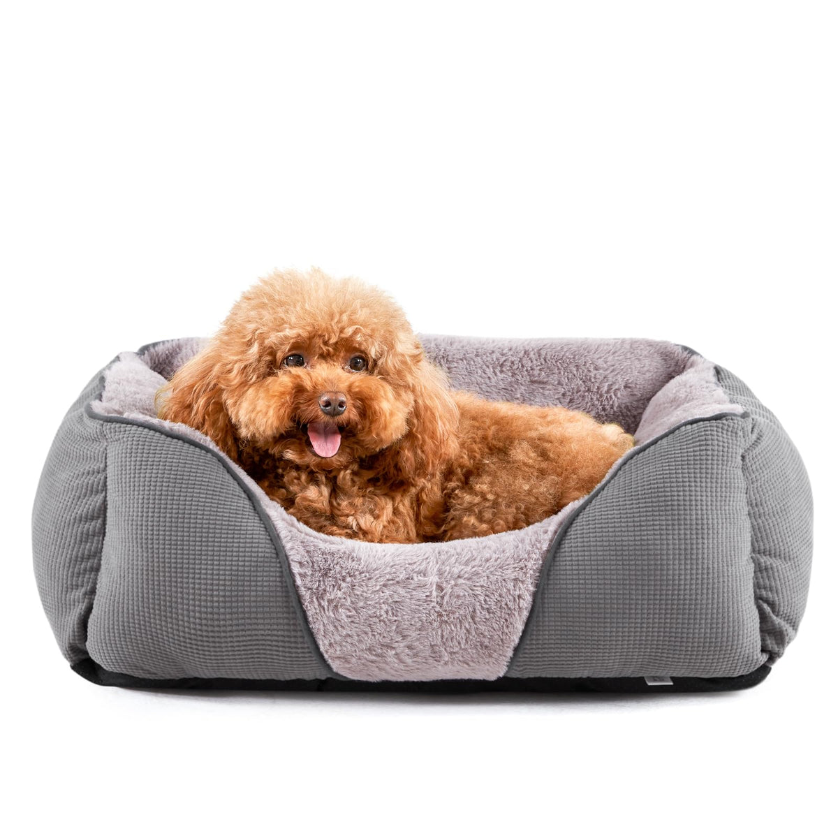 Cama MIXJOY para perro pequeño, vista frontal, descanso suave en gris.