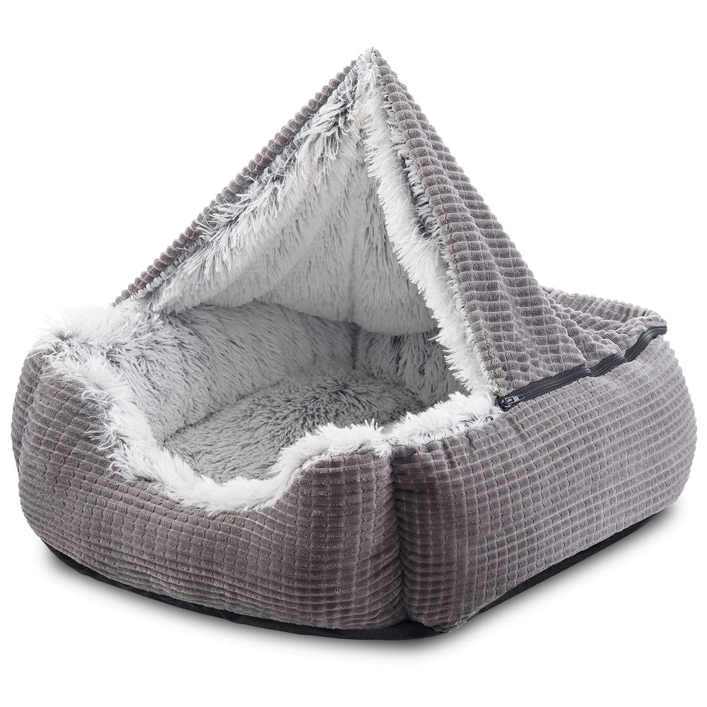 Cama MIXJOY para perros grandes, 30 pulgadas, cueva-capucha gris, cálida y cómoda