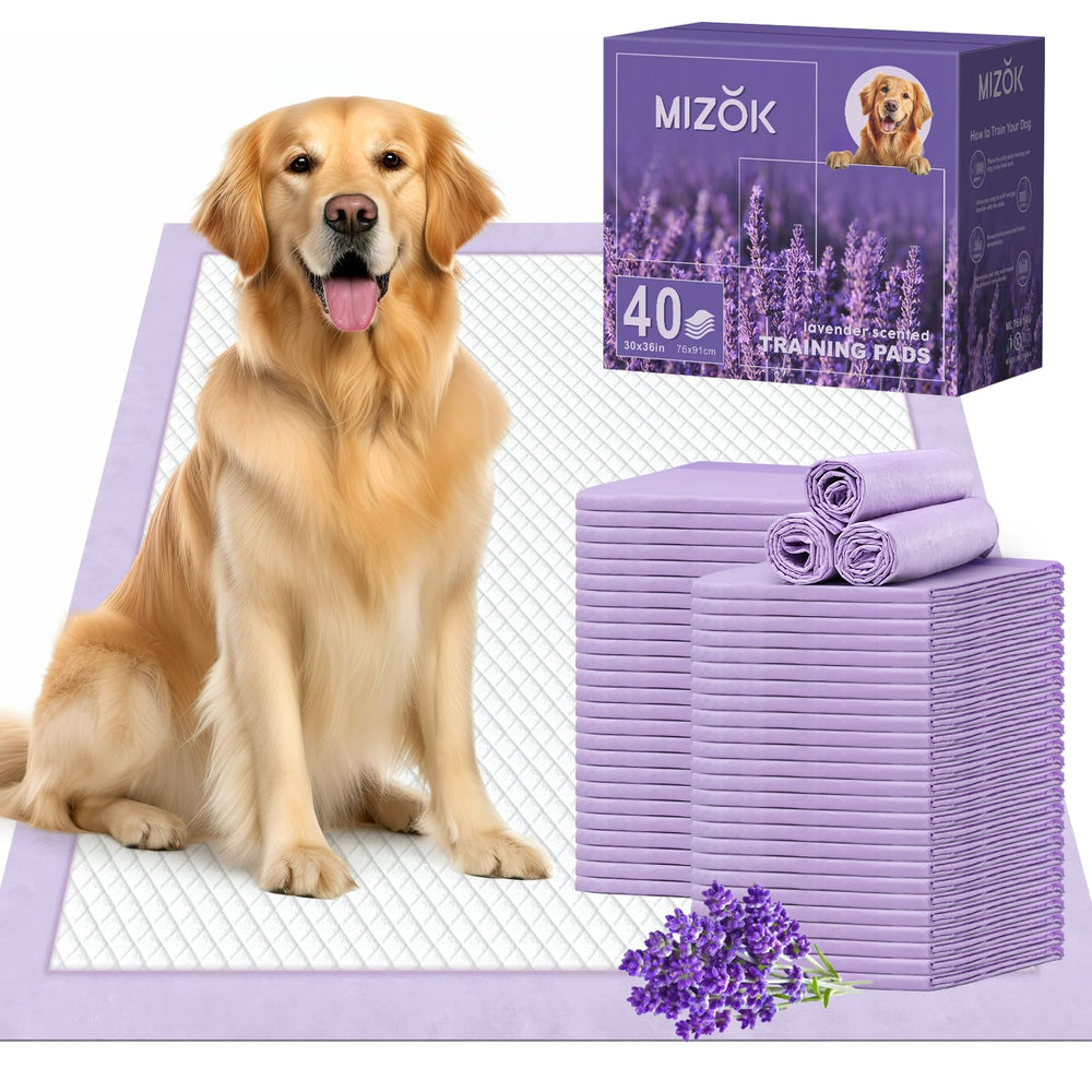 Almohadillas Mizok para perros 30x36 en empaque con fragancia lavanda para uso inmediato.