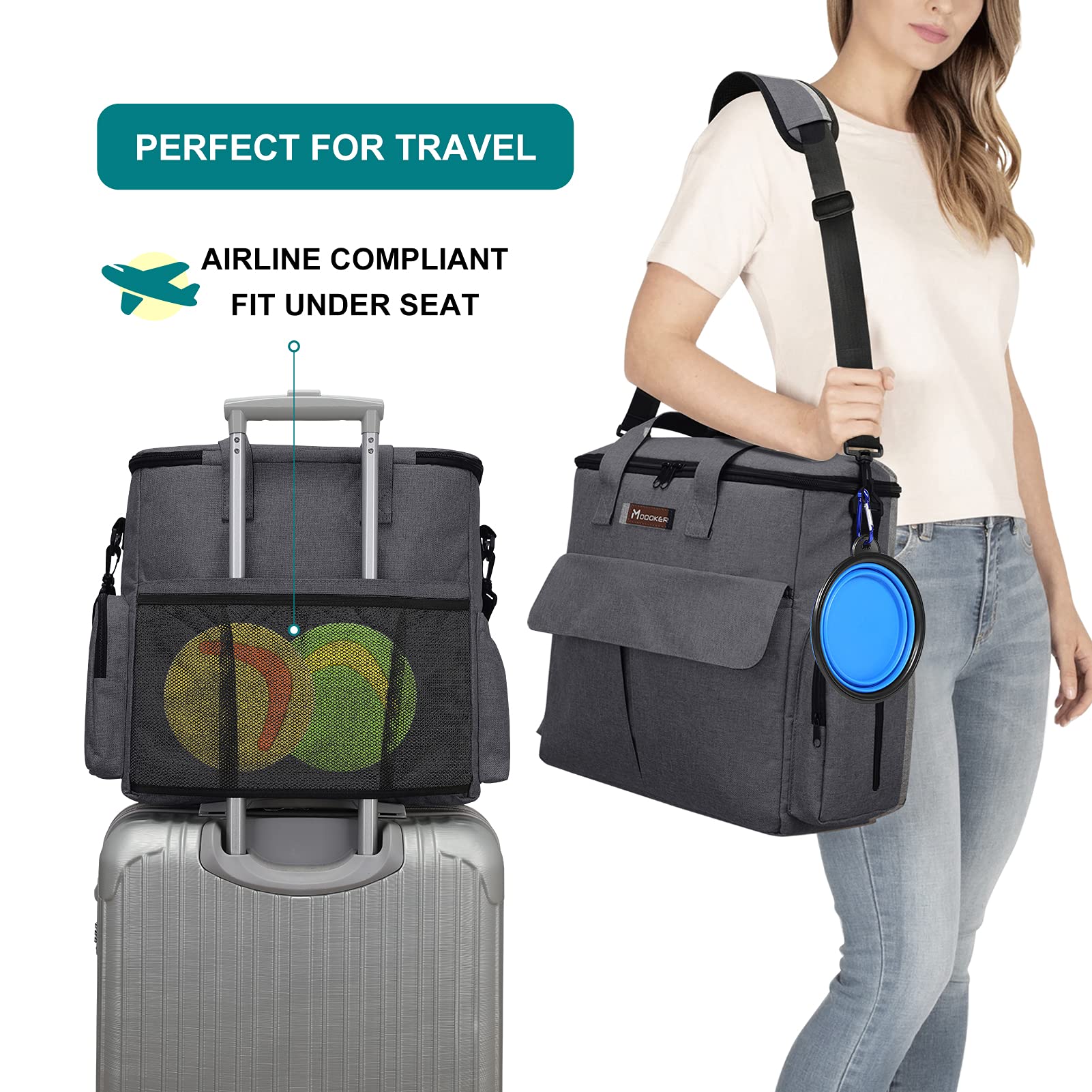Modoker incluye dos tazones plegables para mascotas, prácticos durante el viaje.