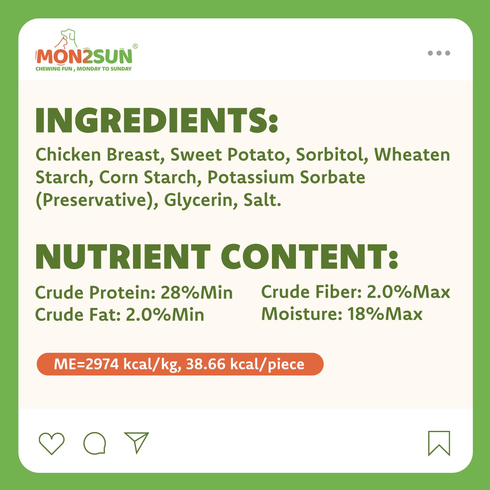 MON2SUN ingredientes naturales pollo y batata, sabroso y claro