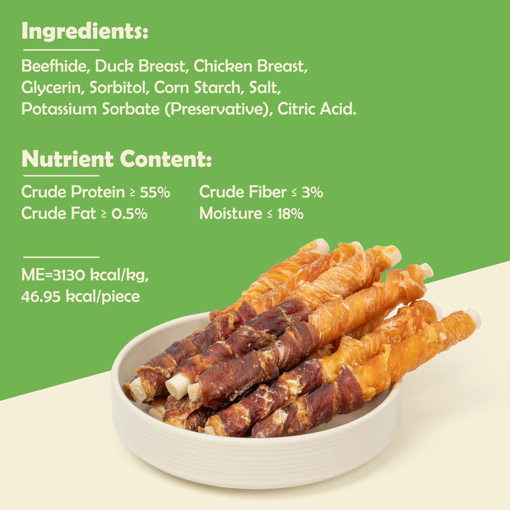 MON2SUN ingredientes naturales: pollo y pato en snack sabroso.
