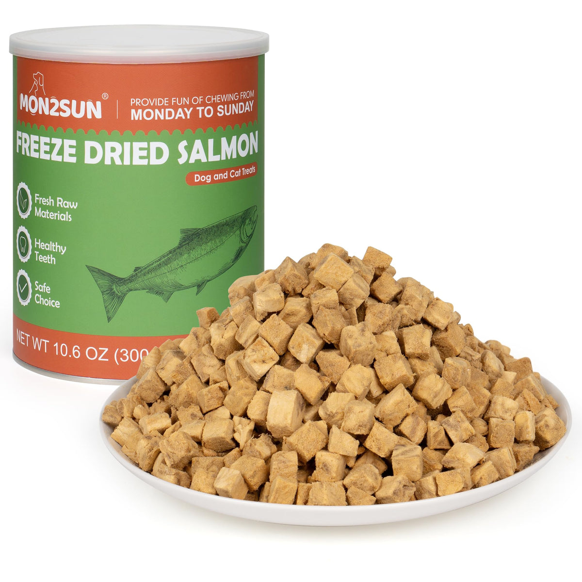 MON2SUN salmón liofilizado trozos: snack proteico para entrenamiento de perros y gatos.