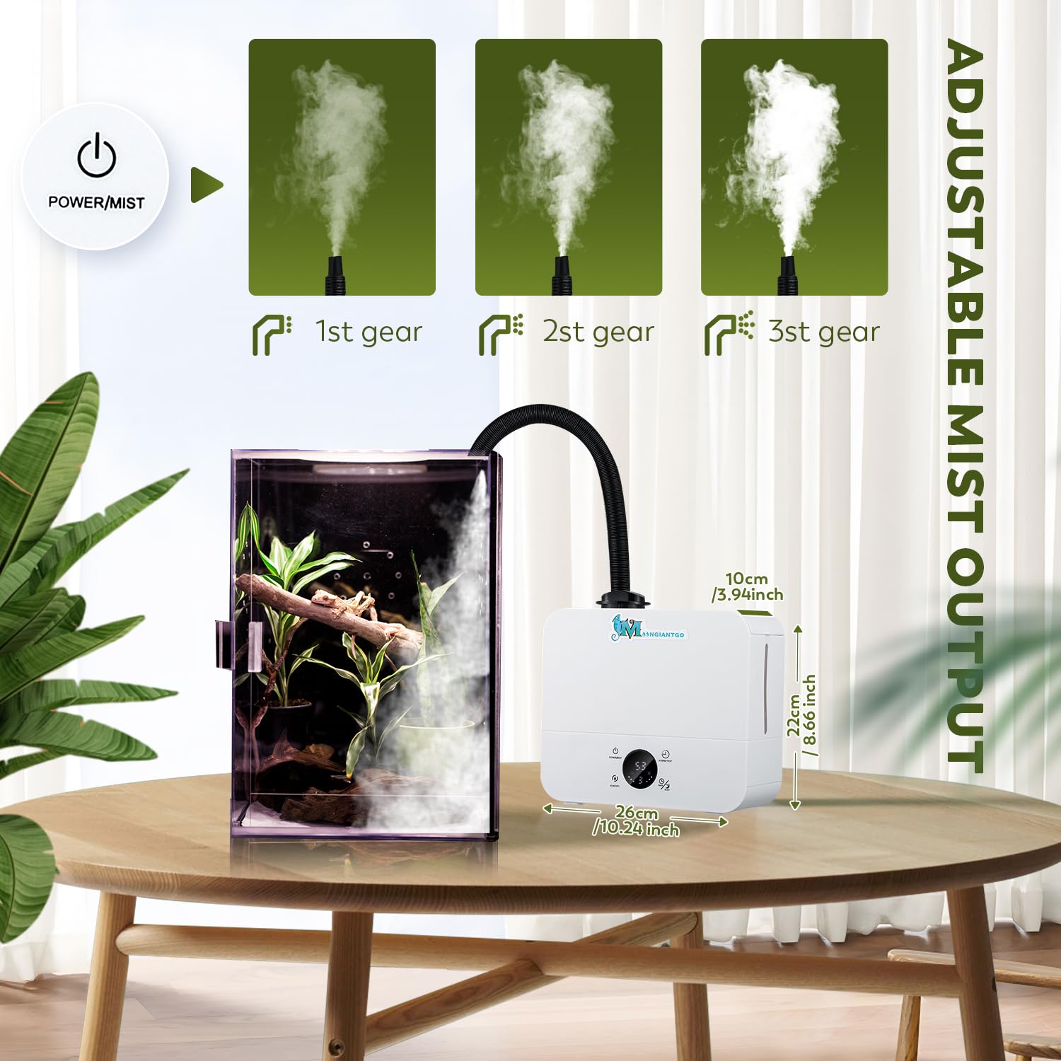 Moongiantgo humidificador-reptiles-3-velocidades proporciona niebla suave ajustable para cada especie.