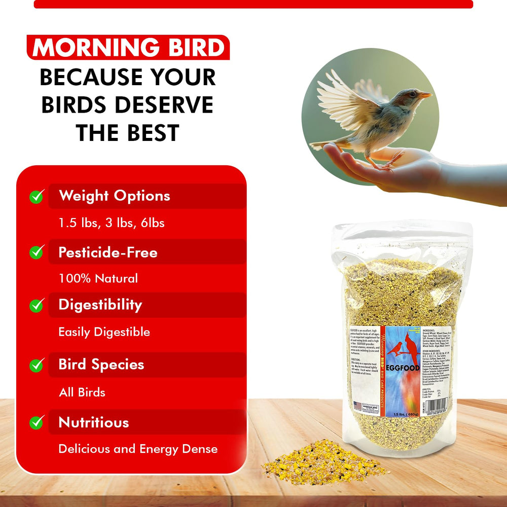 Producto producido en EE.UU. con estándares de calidad Morning Bird Eggfood.