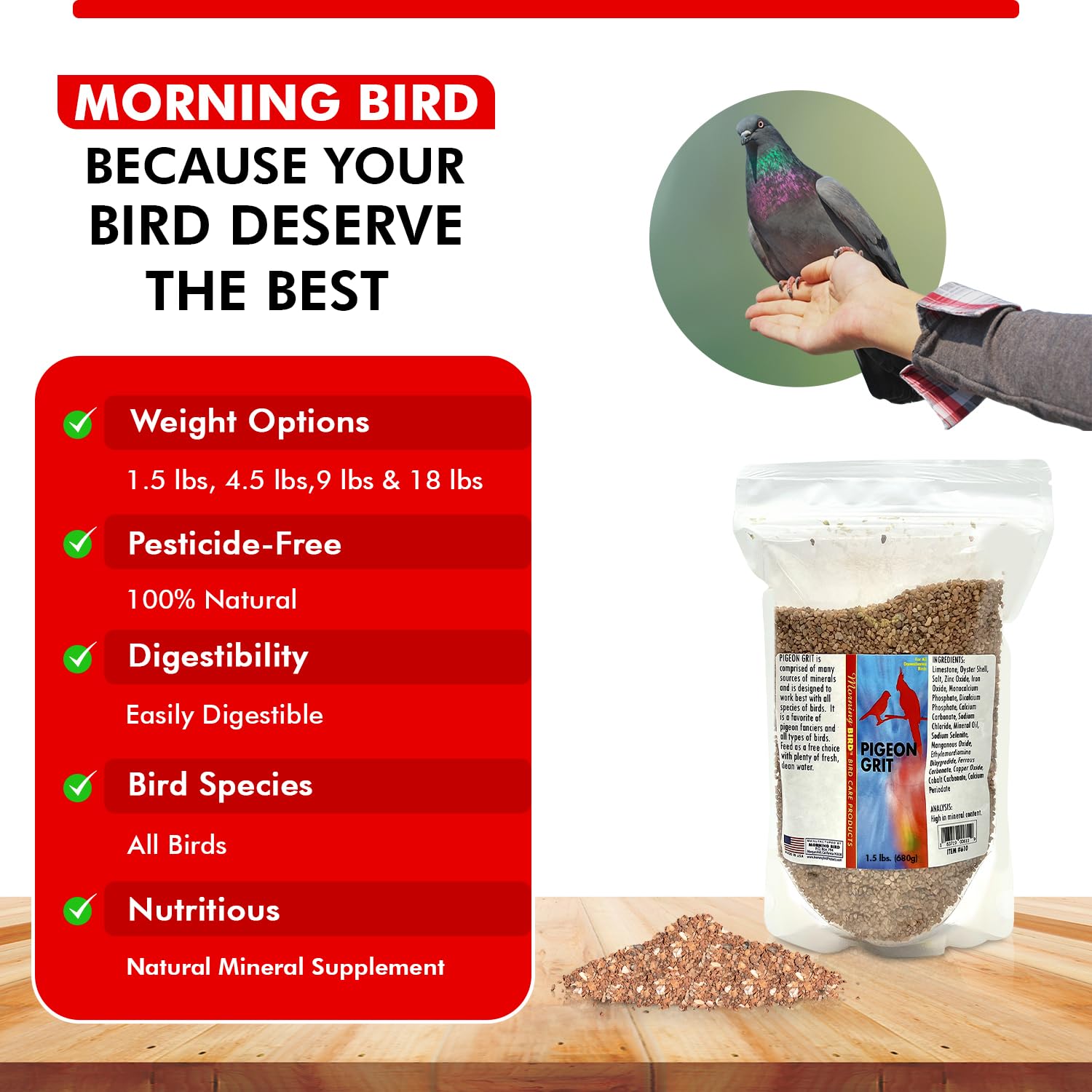Morning Bird granulado para palomas, fabricado en EEUU, alta calidad constante.