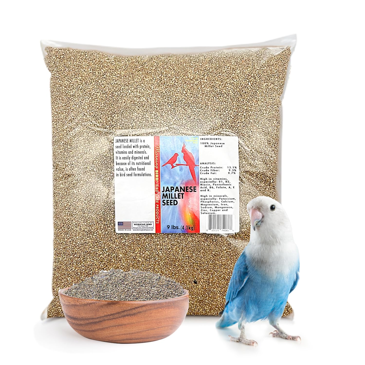 Morning Bird mijo japonés en bolsa de 9 libras, ideal para aves pequeñas y promueve energía diaria.