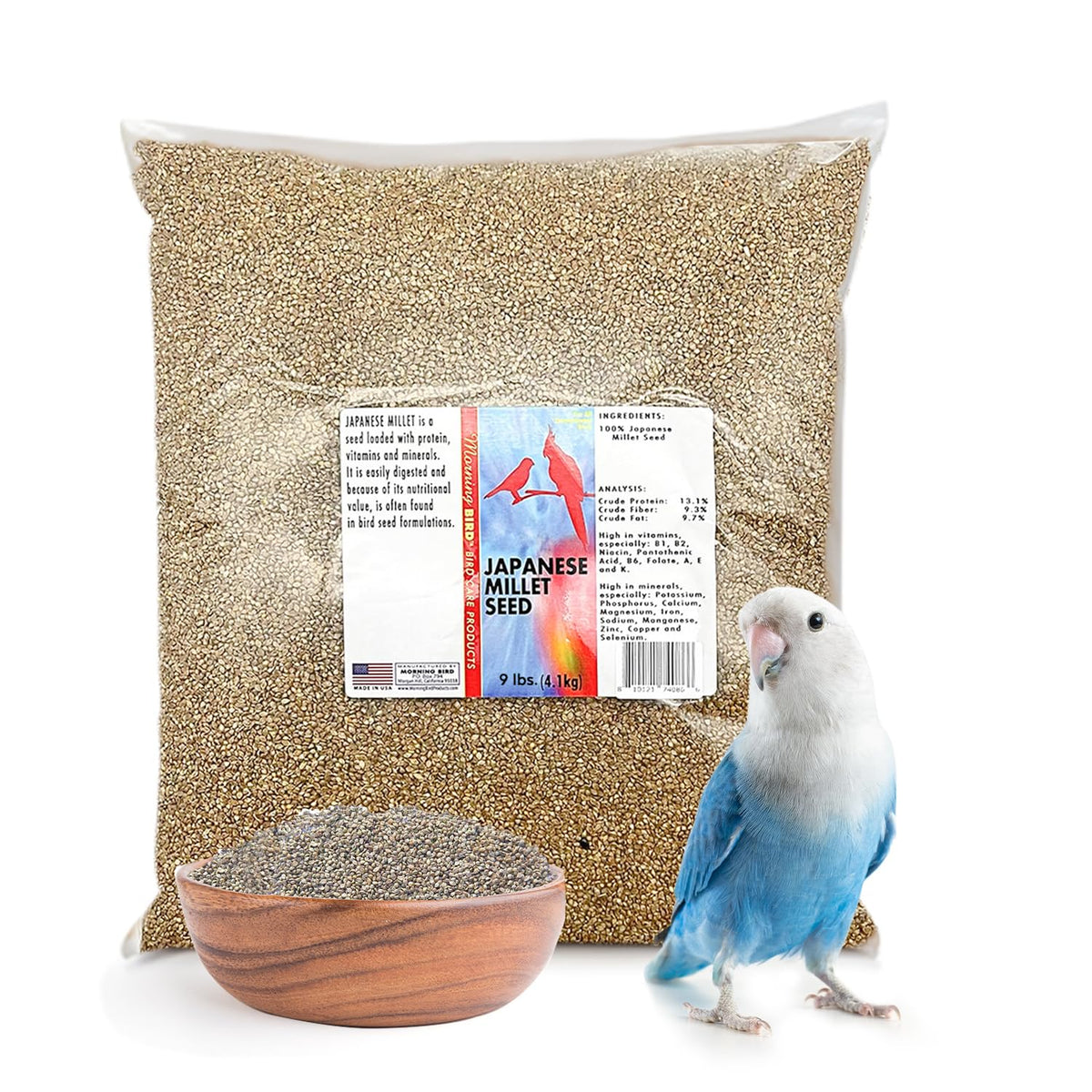 Morning Bird mijo japonés en bolsa de 9 libras, ideal para aves pequeñas y promueve energía diaria.