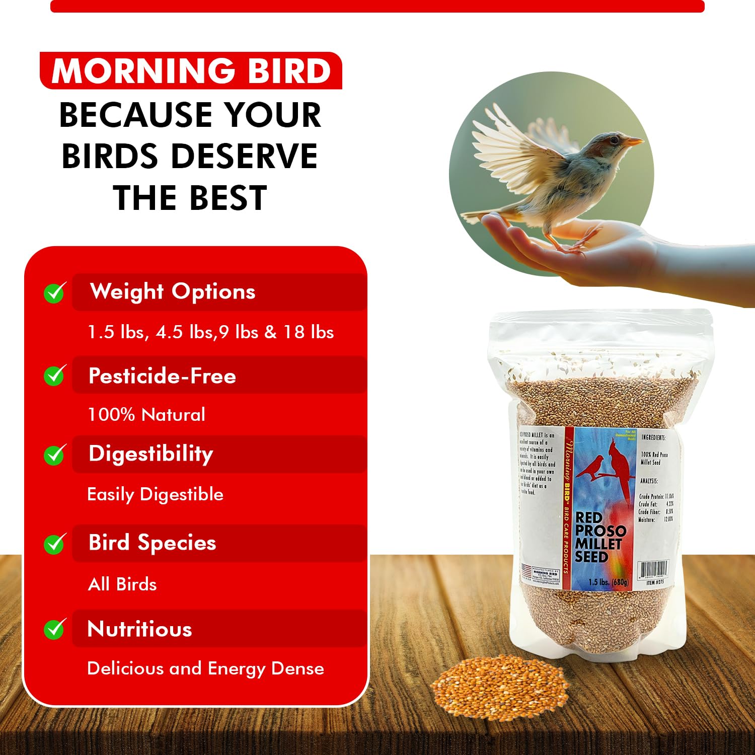 Cuenco de enriquecimiento diario con Morning Bird Red Proso Millet para aves