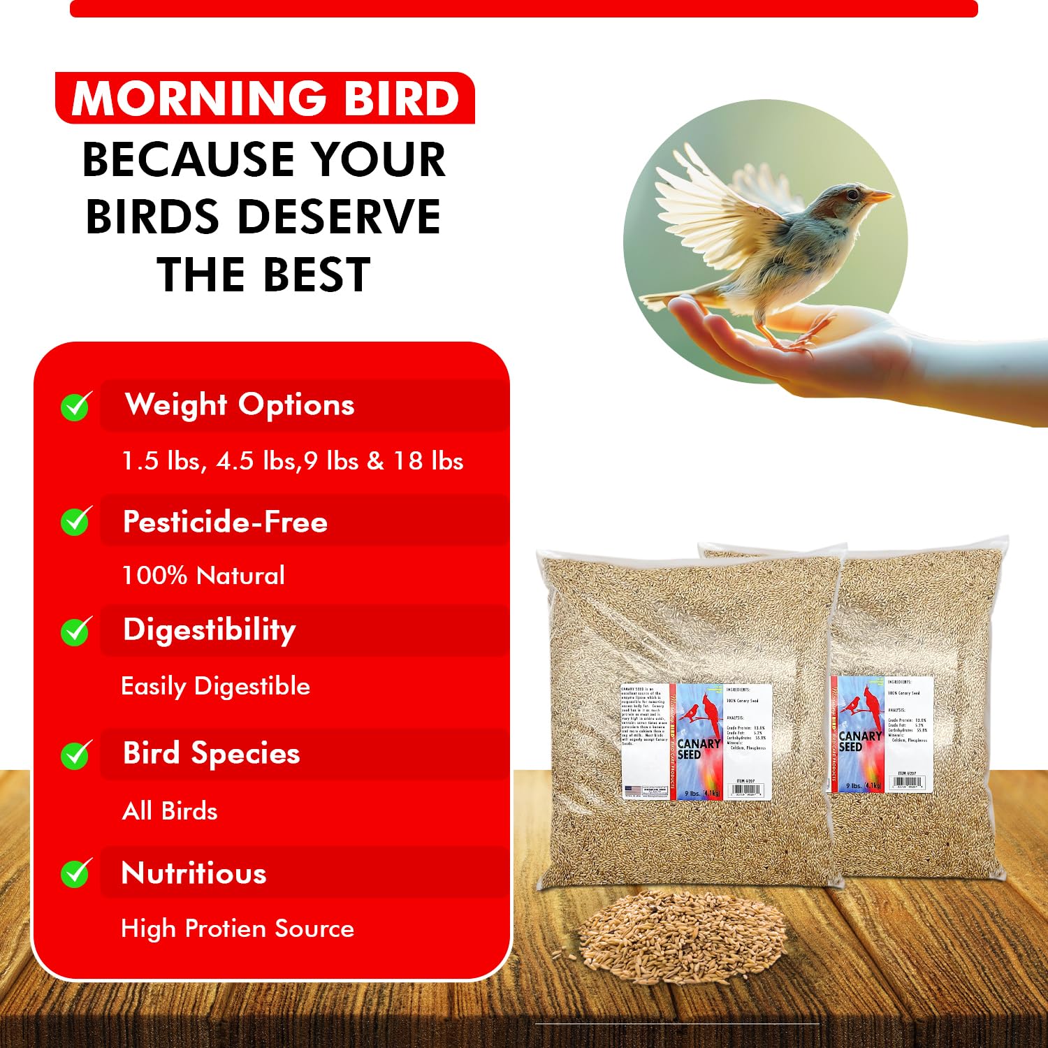 Morning Bird Semilla Canario, grano dorado que aporta energía diaria a las aves.
