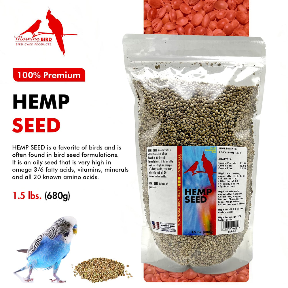 Envase hermético Morning Bird, semillas de cáñamo, frescura sostenida para aves en actividad.