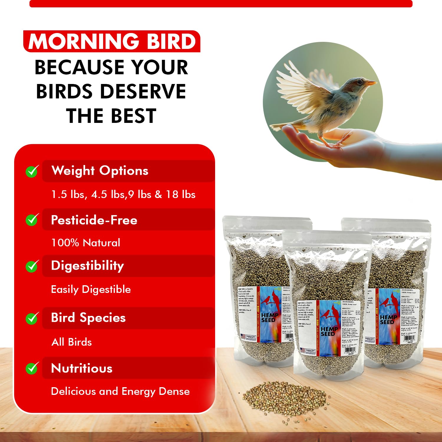 Morning Bird semillas de cáñamo, presentación de 1.5 lb en paquetes para hogar.