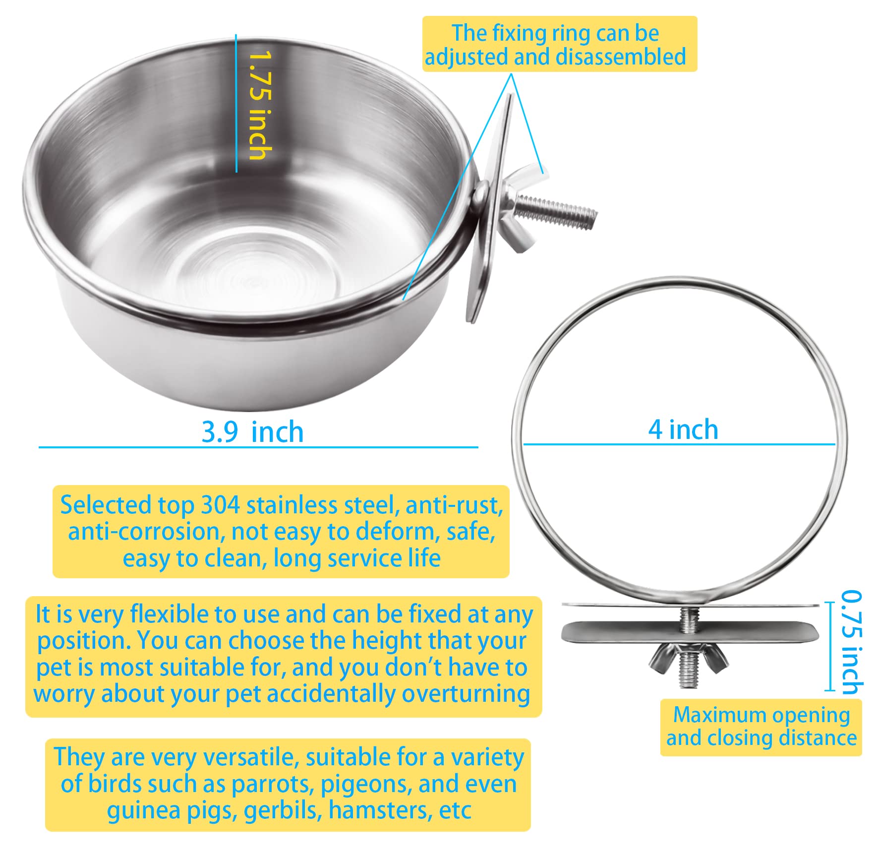 MotBach cuenco para aves en acero inoxidable con enganche para jaula