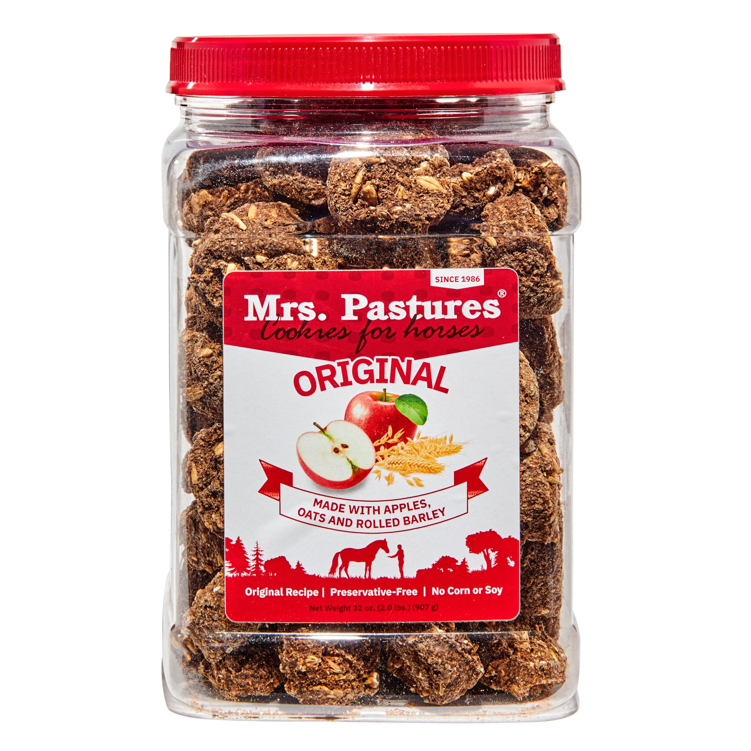 Galletas para caballos Mrs. Pastures con manzana y avena, sabor natural.