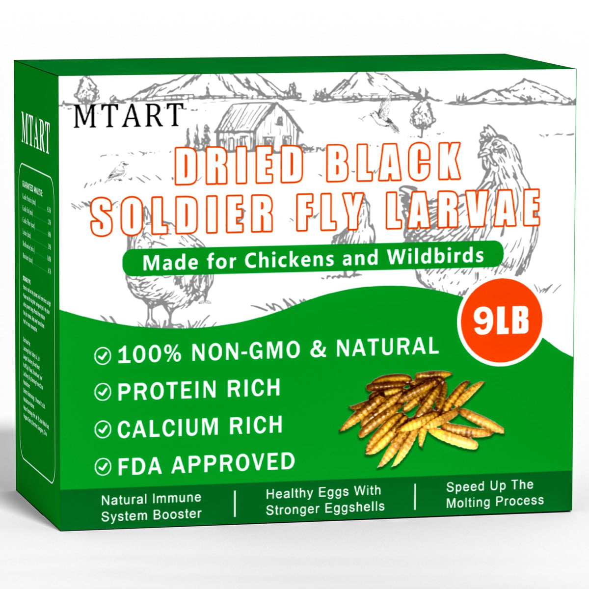 MTART larvas secas mosca soldado negra para gallinas, alto contenido proteico para aves.