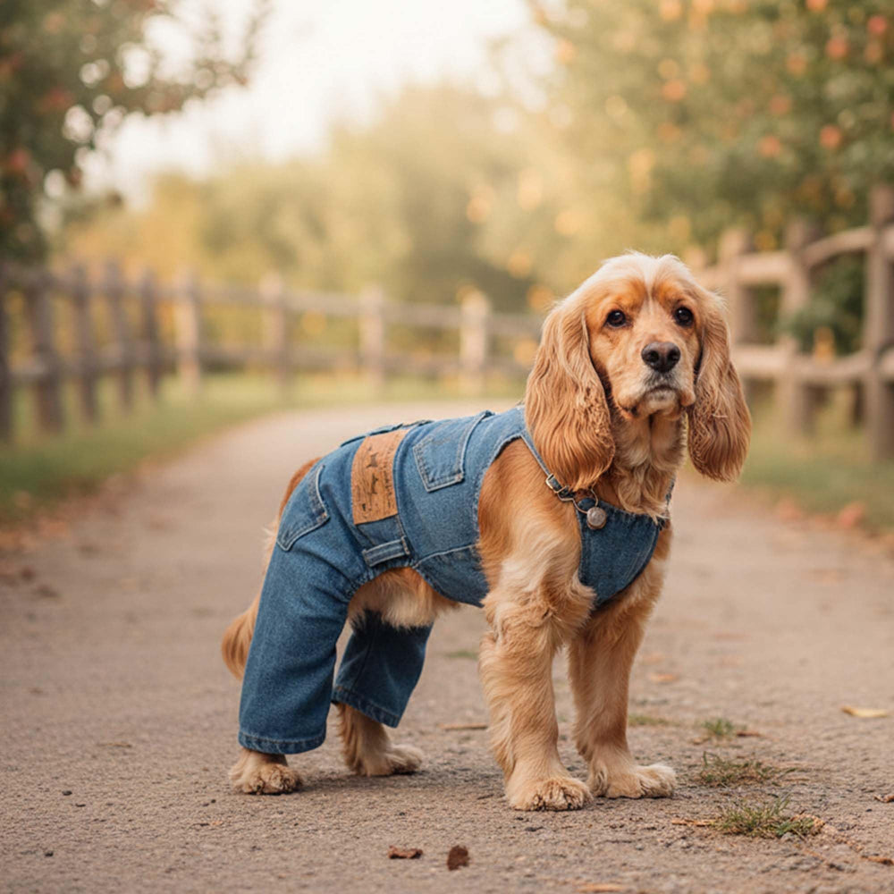 MuYaoPet overol denim azul para perros, dorso, libertad de movimiento.