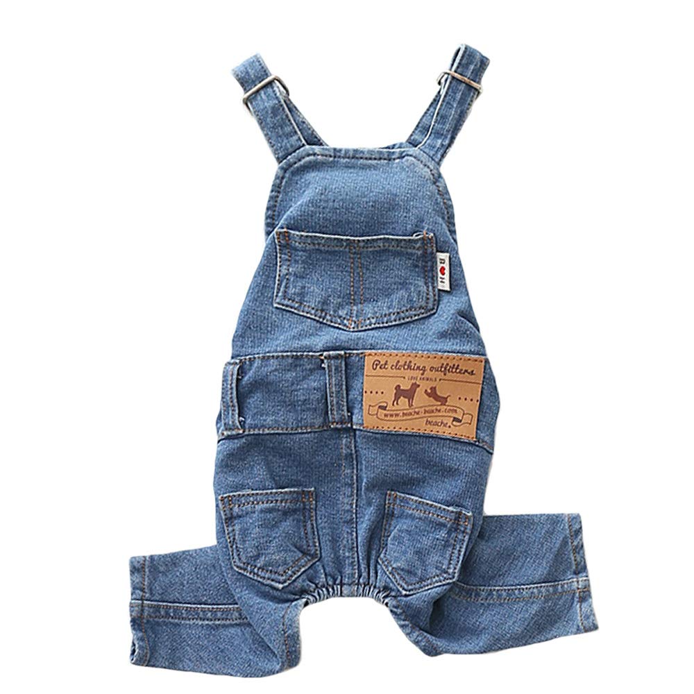 MuYaoPet overol denim azul para perros, frente, ajuste cómodo y estilo.
