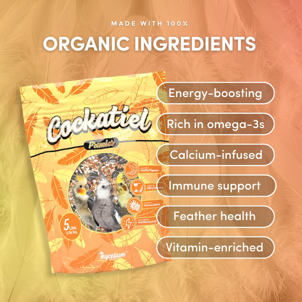 Ingredientes funcionales de Mycelium Cockatiel Premier como mijo rojo y cáñamo.