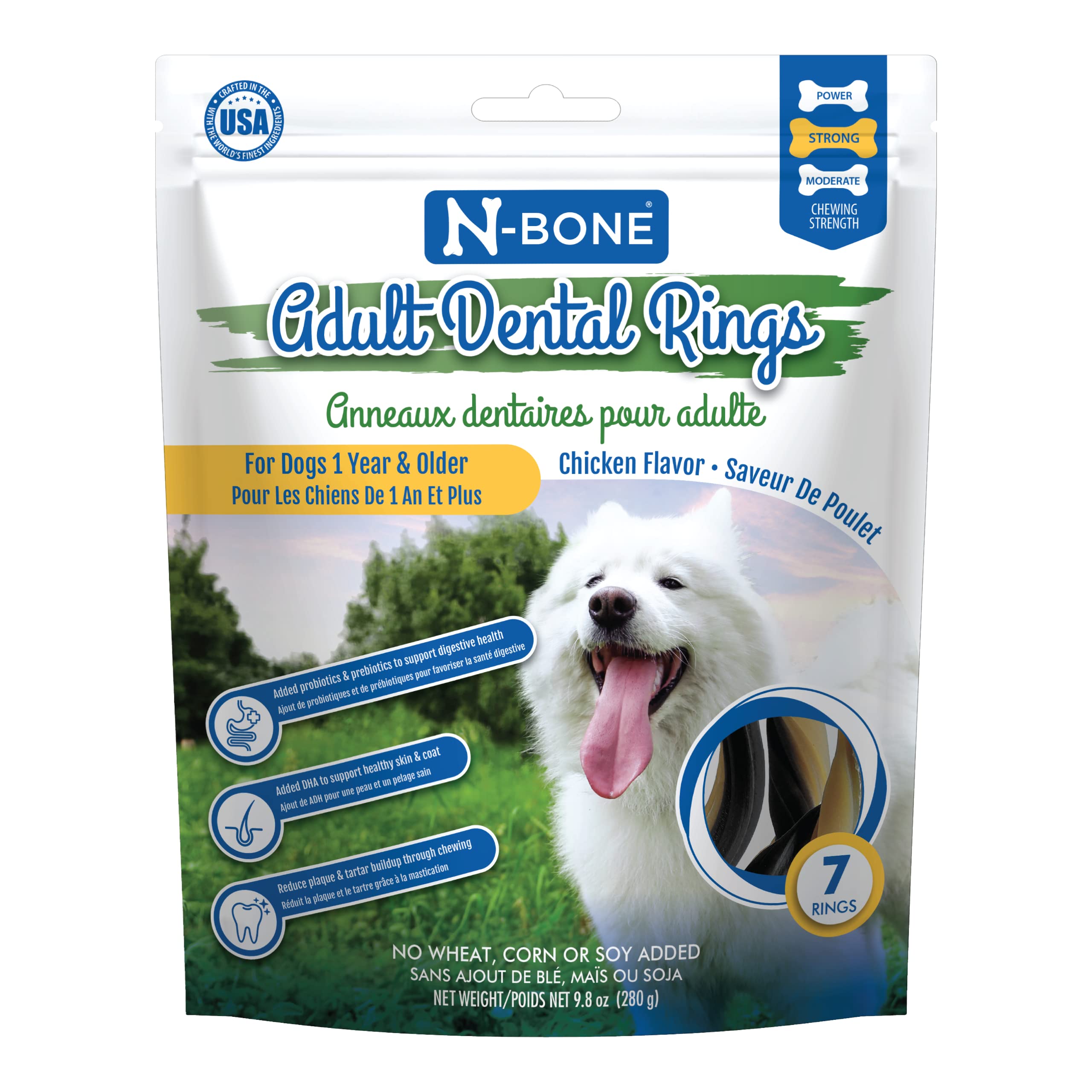 N-Bone Anillos Dentales para Perro Adulto, sabor Pollo, promueven masticación y higiene bucal.