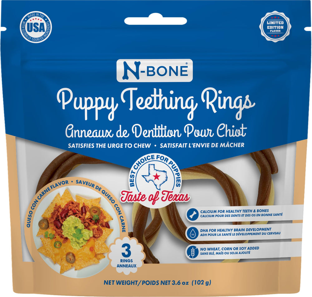 N-Bone Anillos de Dentición para Cachorros, sabor Texas Queso con Carne, masajean encías.