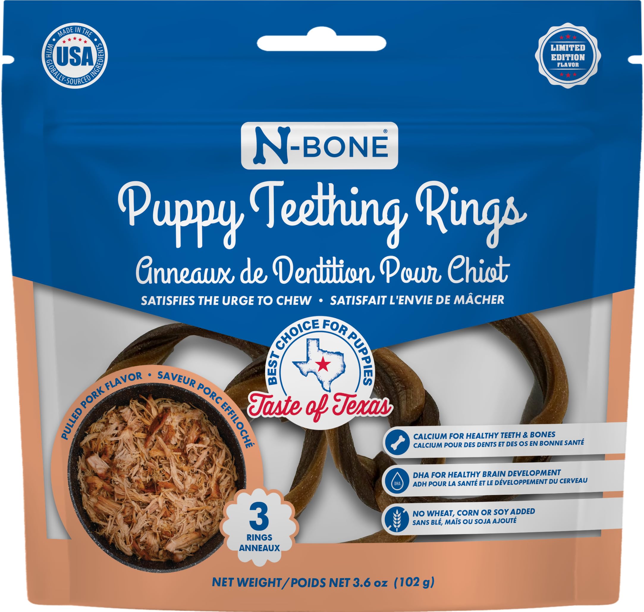 N-Bone: anillos de dentición para cachorros en empaque, sabor barbacoa Texas.
