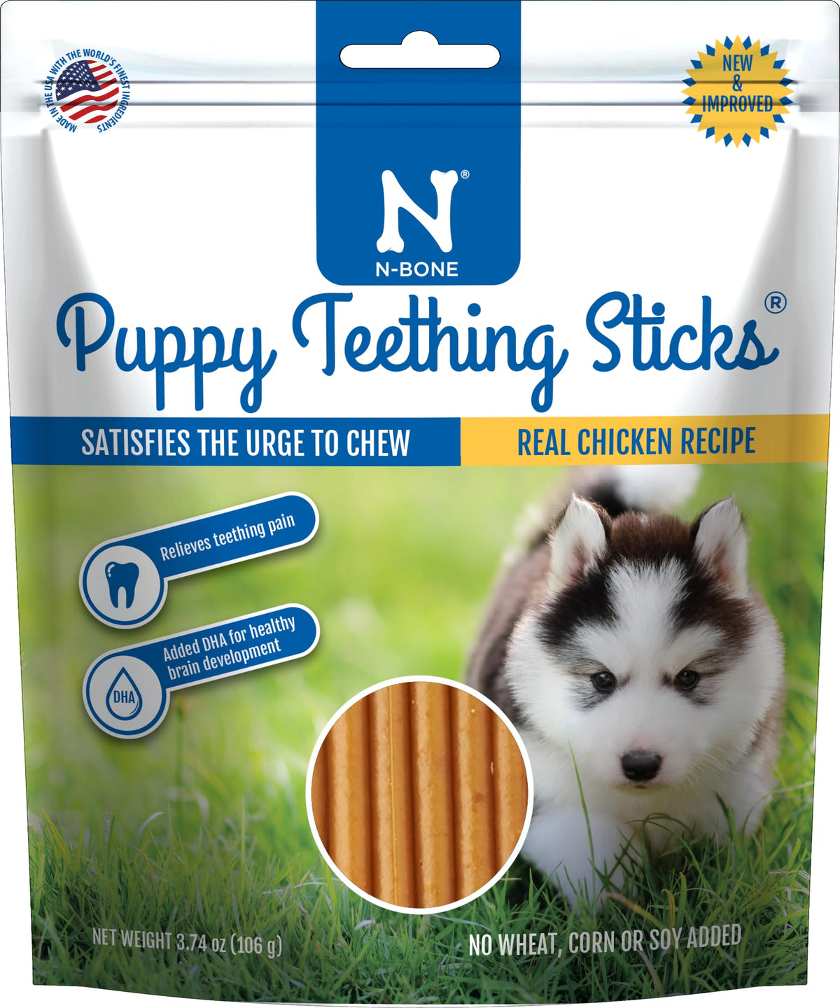 N-Bone para cachorros, masticables para dientes en desarrollo y sabor pollo.