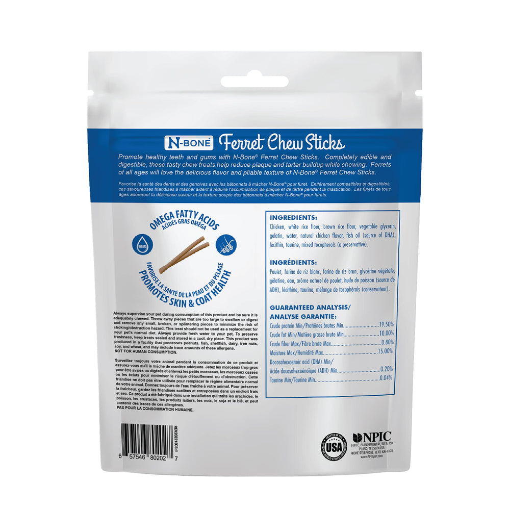 N-Bone Ferret Chew Sticks sabor pollo, ideal para estimular la masticación del hurón.