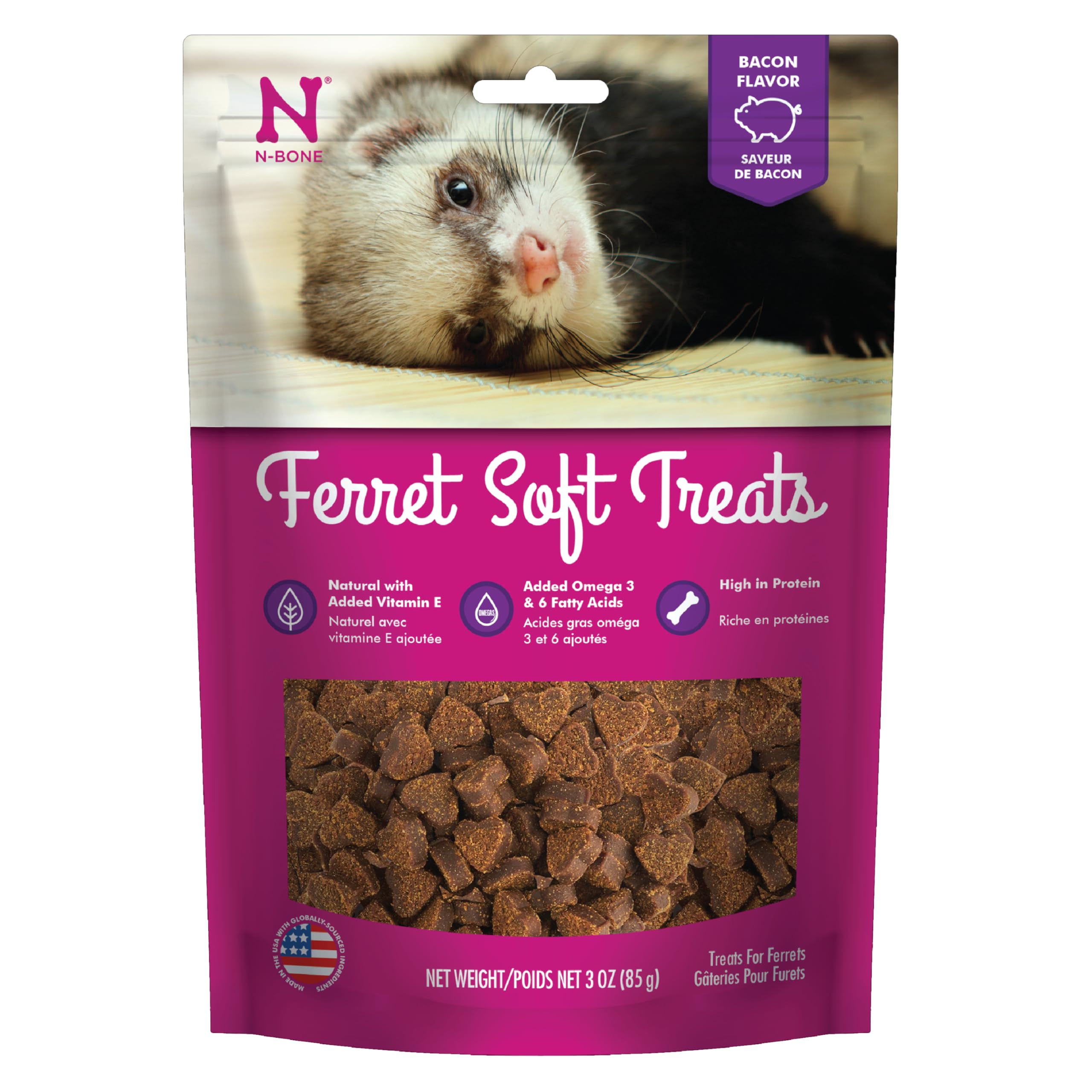 N-Bone golosinas suaves para hurón sabor tocino en mano para recompensa diaria.