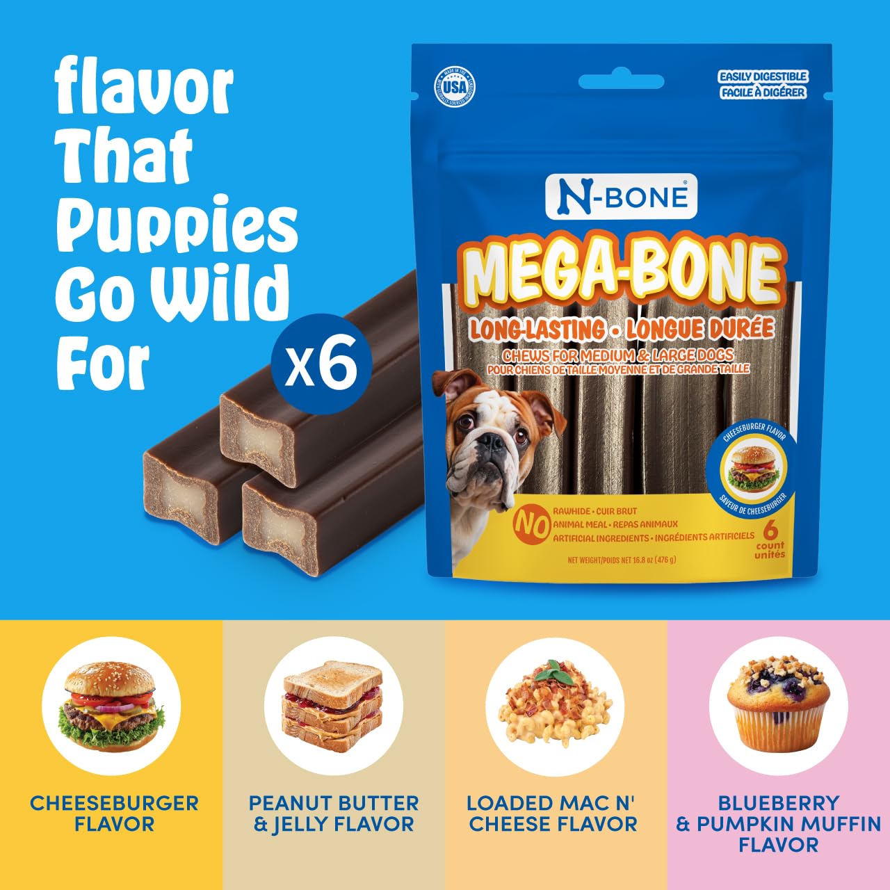 N-Bone Mega-Bone hecho en EE.UU. con ingredientes de alta calidad.