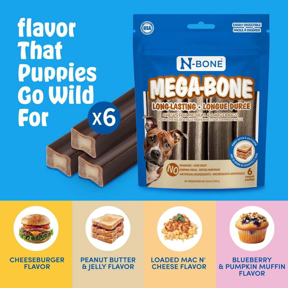 N-Bone Mega-Bone: sabor delicioso que encanta a perros durante la merienda.