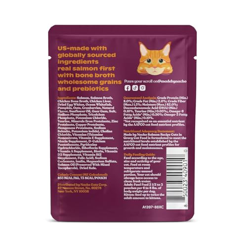 Nacho: salmón como ingrediente principal, fuente de proteína para gatos.
