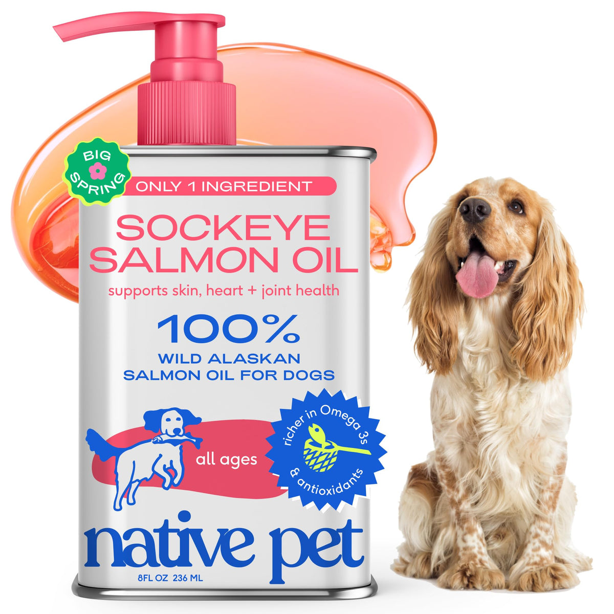 Native Pet aceite de salmón sockeye en botella para uso diario.