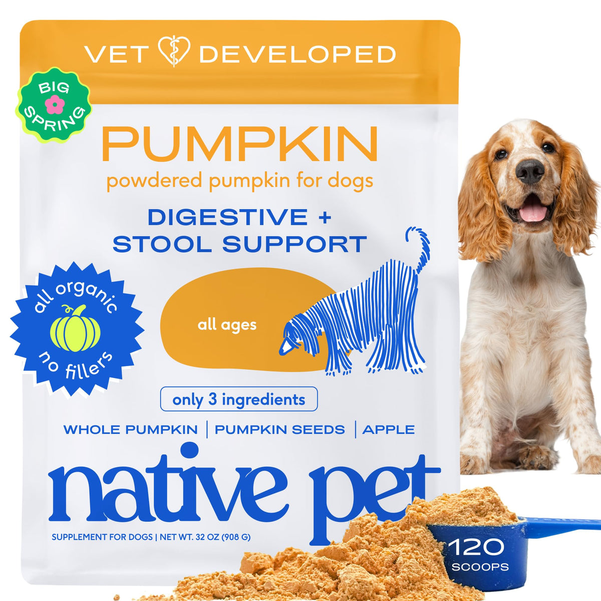 Native Pet calabaza para perros, polvo para espolvorear sobre croquetas, favorece heces más firmes.