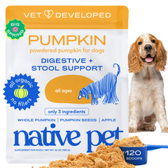 Native Pet calabaza para perros, polvo para espolvorear sobre croquetas, favorece heces más firmes.