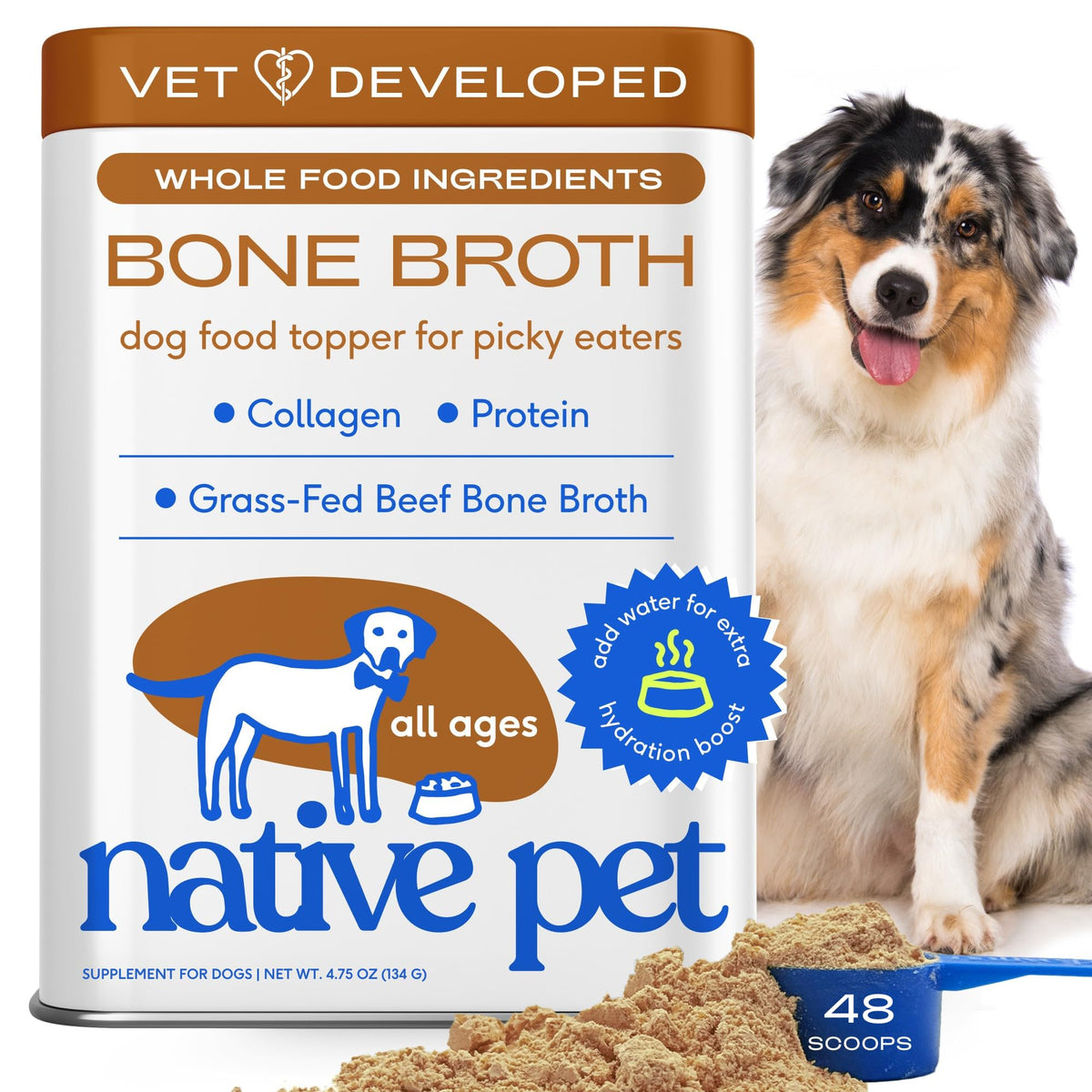 Native Pet caldos de huesos en empaque práctico para guardar entre comidas.