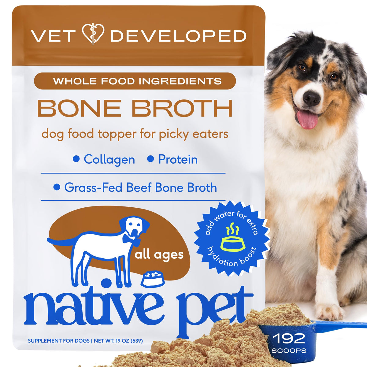 Native Pet Caldo Hueso en bote, sabor irresistible para perros y gatos.