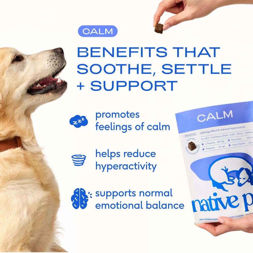 Native Pet Calming Chews: frente del paquete para identificación rápida y uso diario