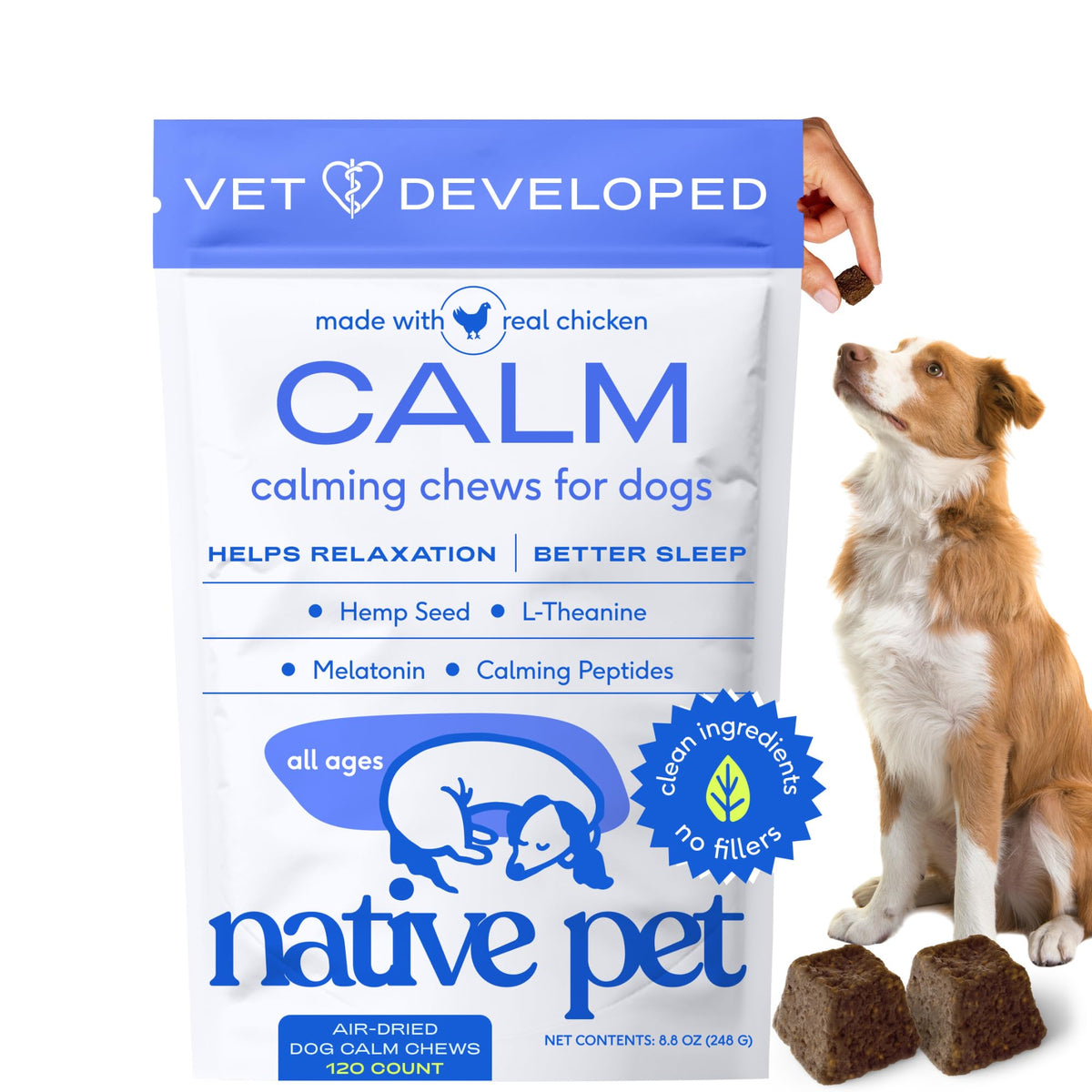 Native Pet masticables calmantes XL para raza extragrande, envase visible.