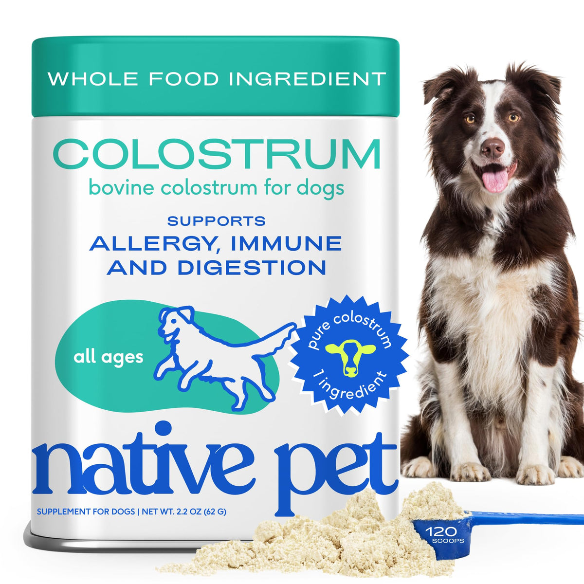 Native Pet Colostrum para perros en botella, apoyo inmunológico diario.