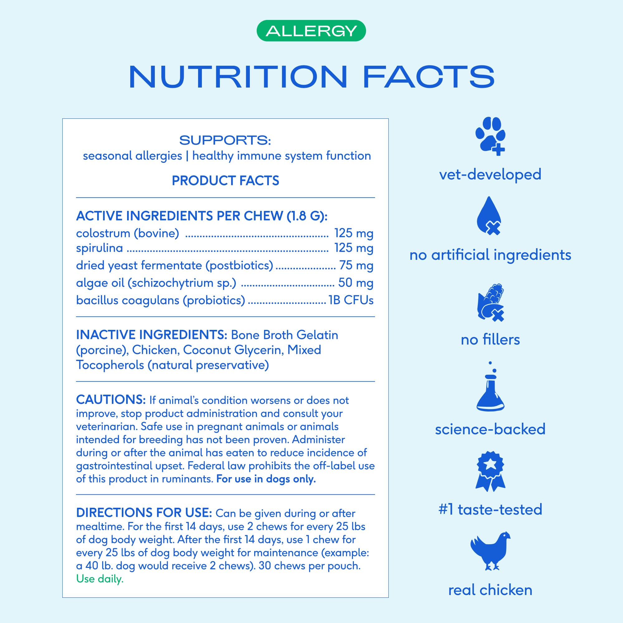 Native Pet Dog Allergy Chews probióticos, ayuda digestiva y equilibrio de microbiota.