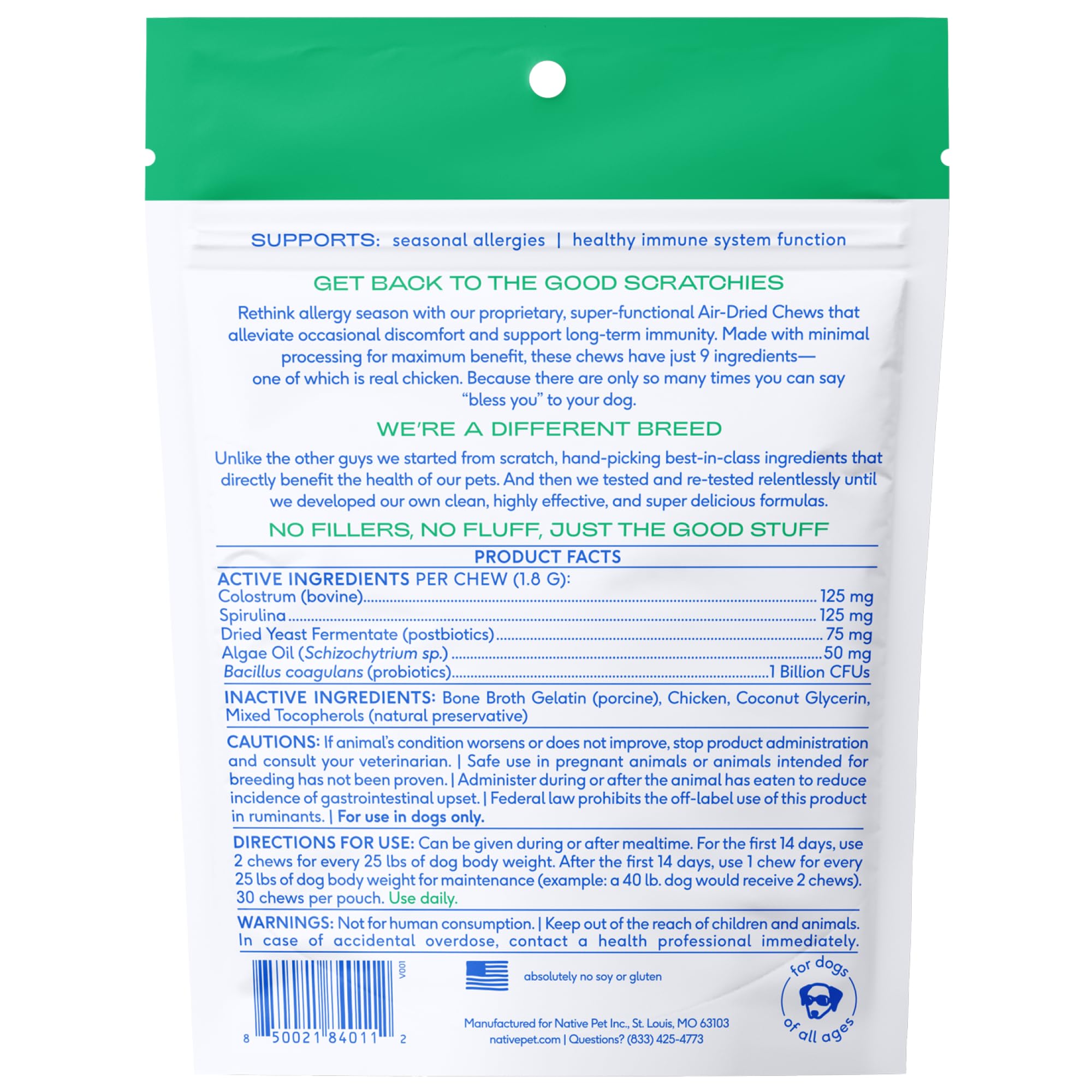 Native Pet Dog Allergy Chews uso diario, fácil de incorporar a la comida.