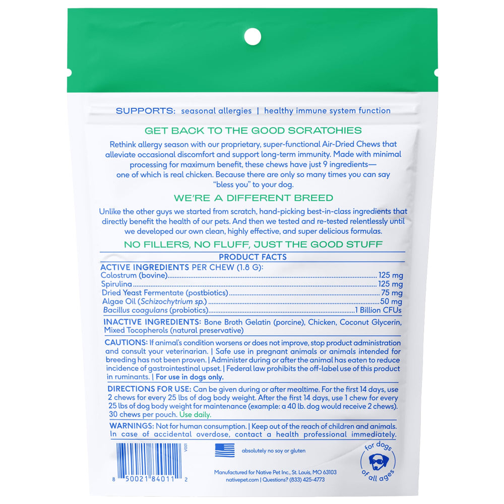 Native Pet Dog Allergy Chews uso diario, fácil de incorporar a la comida.