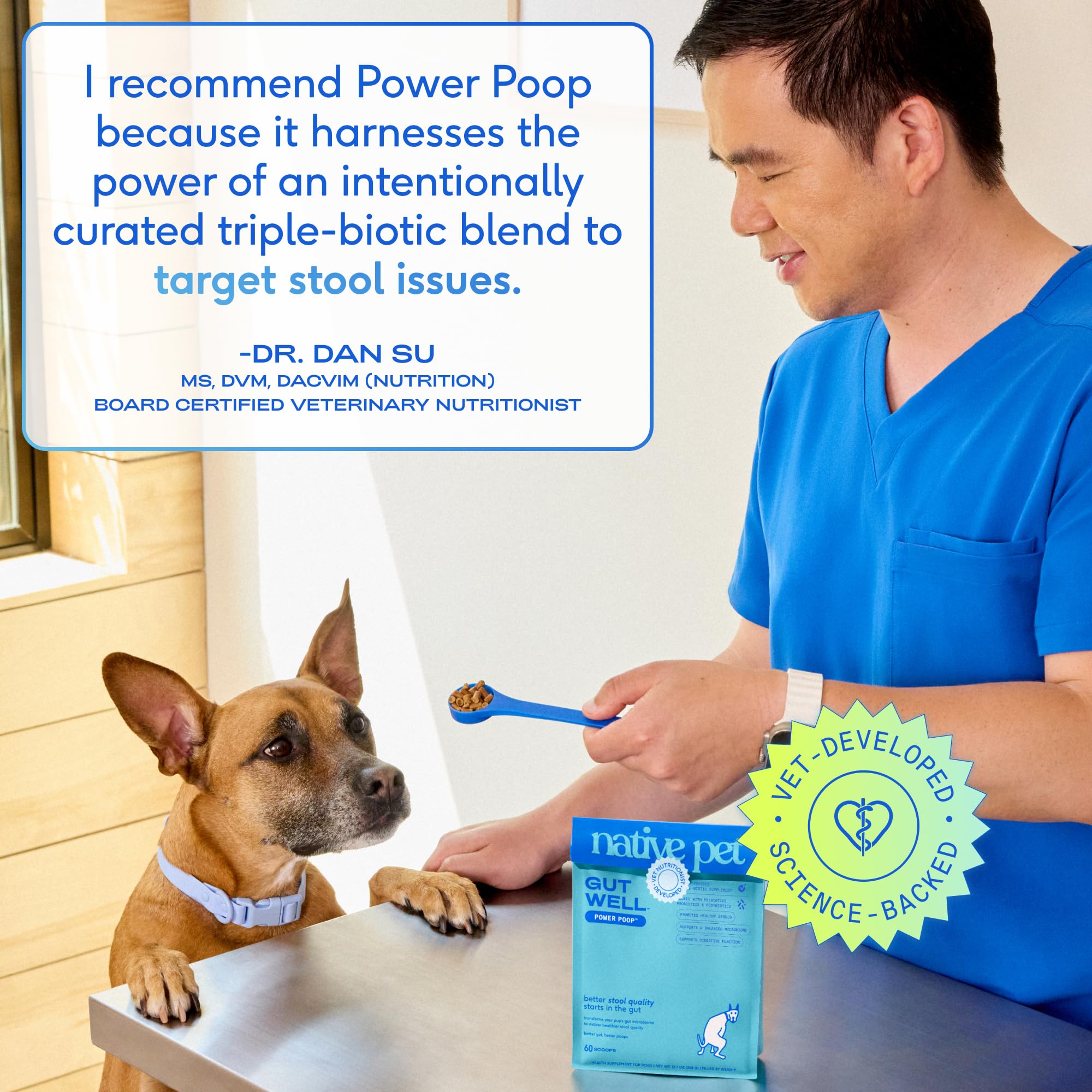 Native Pet GutWell Power Poop: etiqueta frontal destaca la formulación triple-biótica.