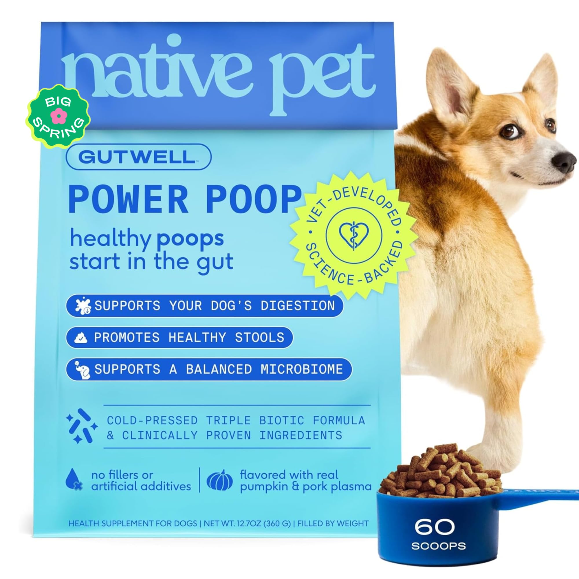 Native Pet GutWell Power Poop frente al envase: apoyo digestivo diario para perros.