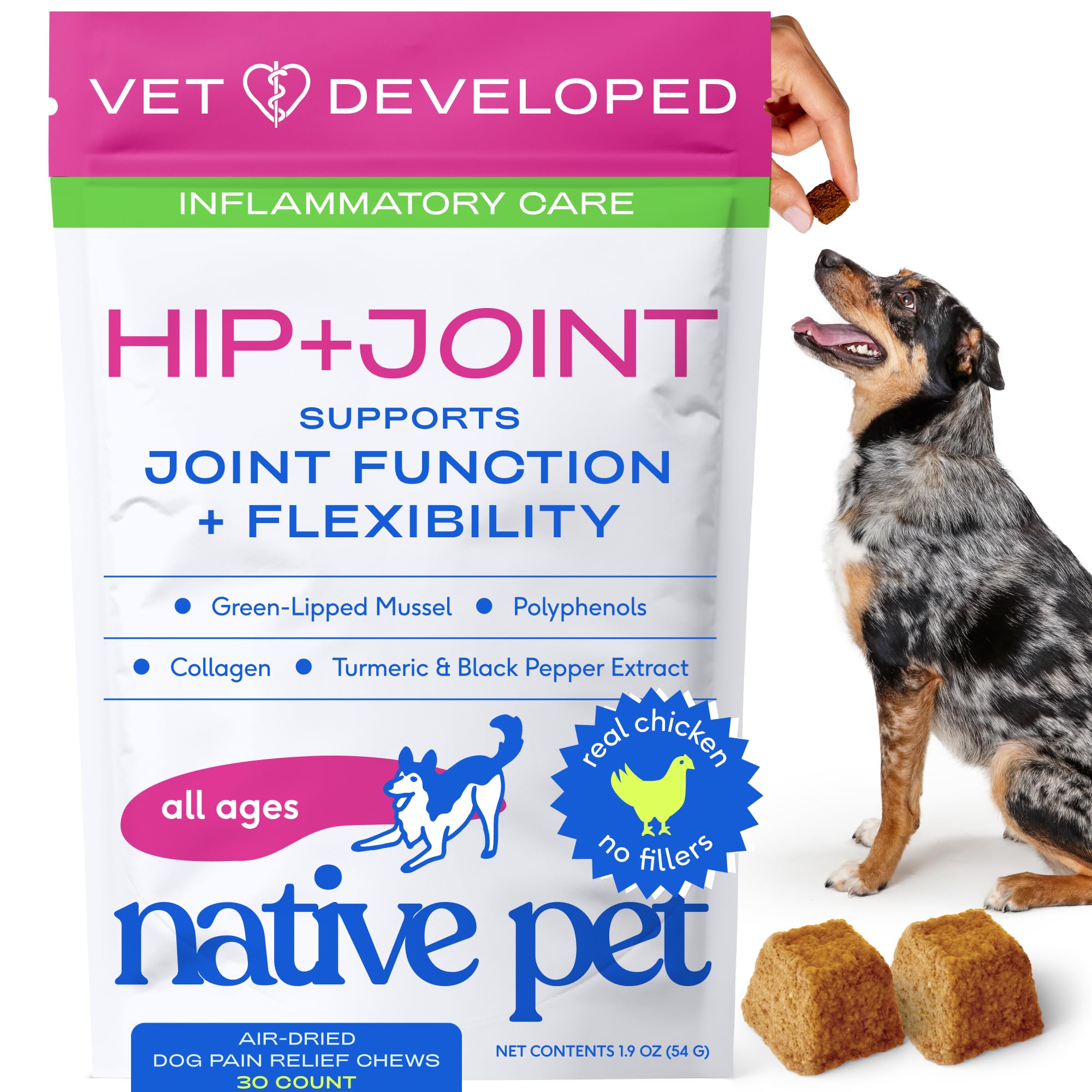Native Pet Inflammatory Care bottle label highlights USA-made formula for dogs joint support.