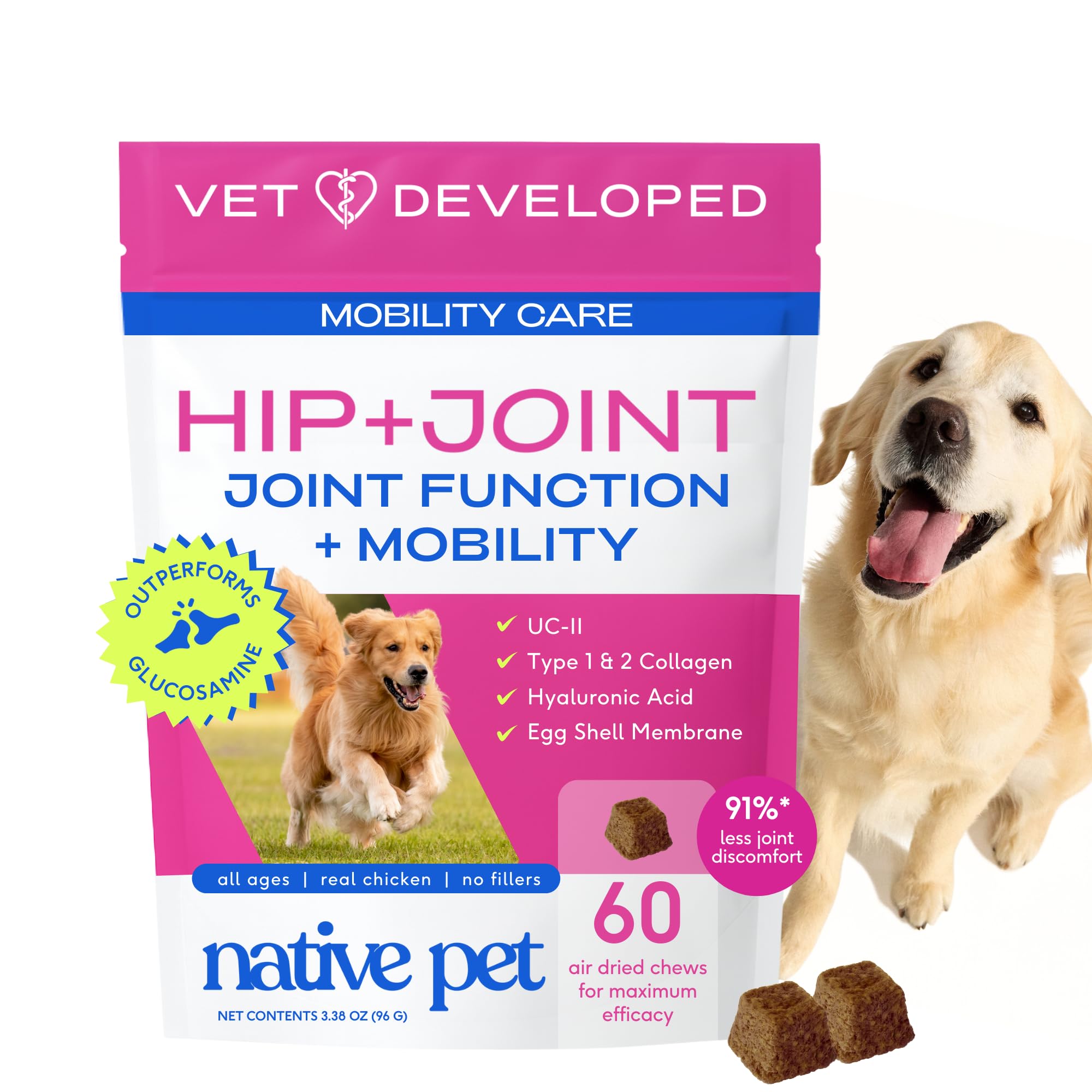 Native Pet Mobility Care botella: apoyo diario para la movilidad de perros.