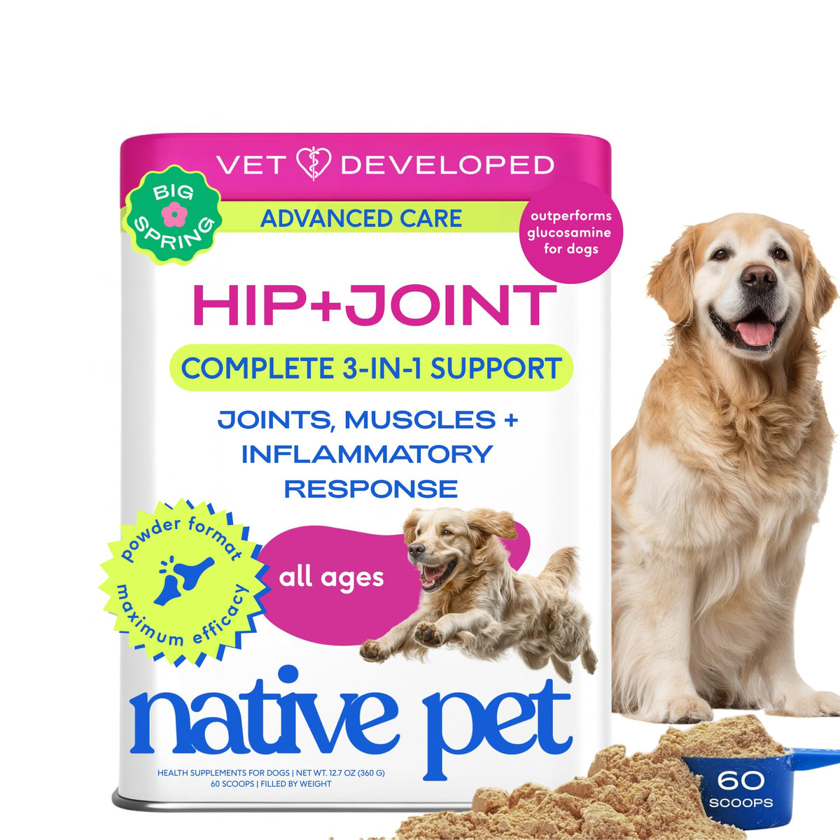 Native Pet polvo articulaciones cadera para perros mejorando flexibilidad diaria
