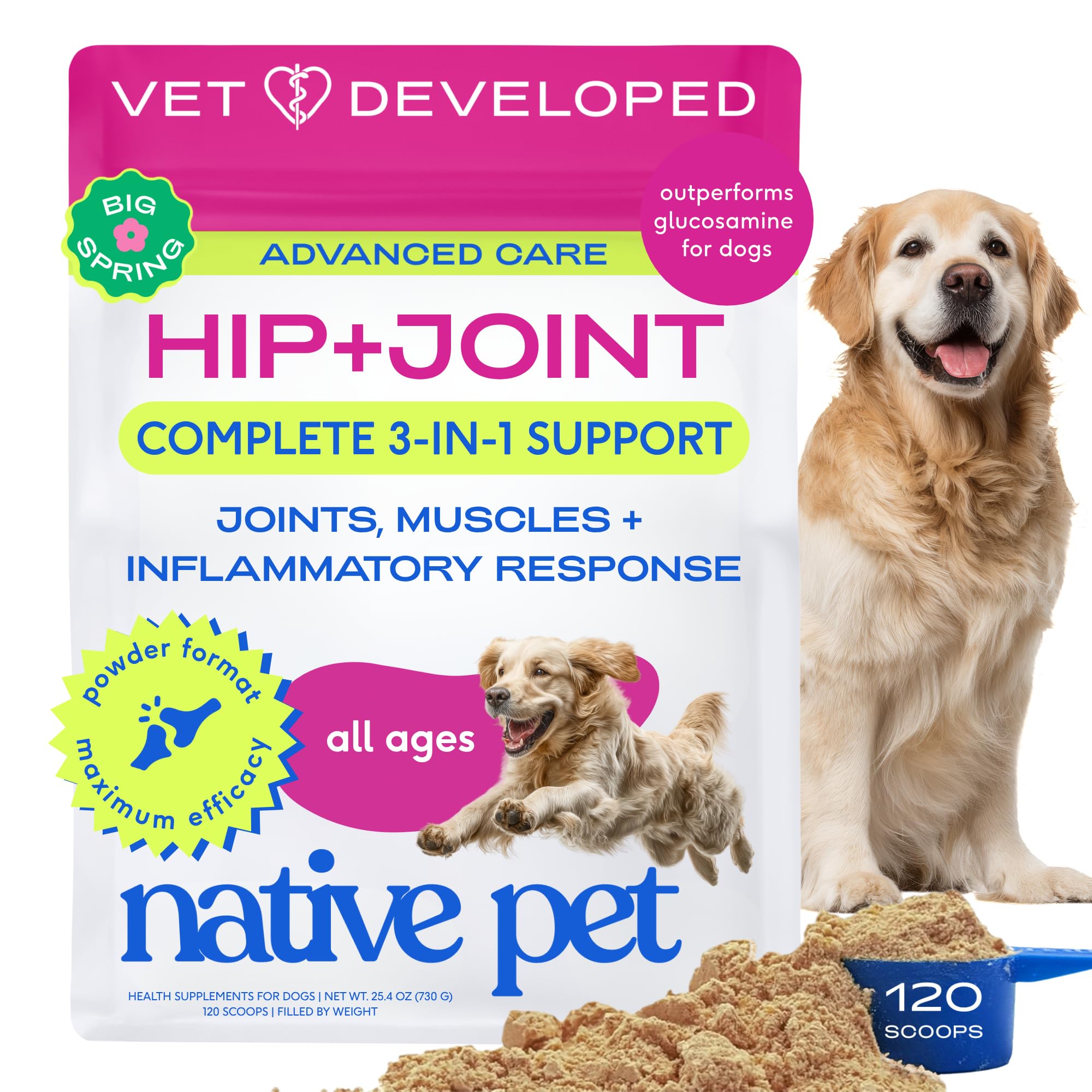 Native Pet polvo de articulaciones en frasco con dosificador para mezclar con comida.