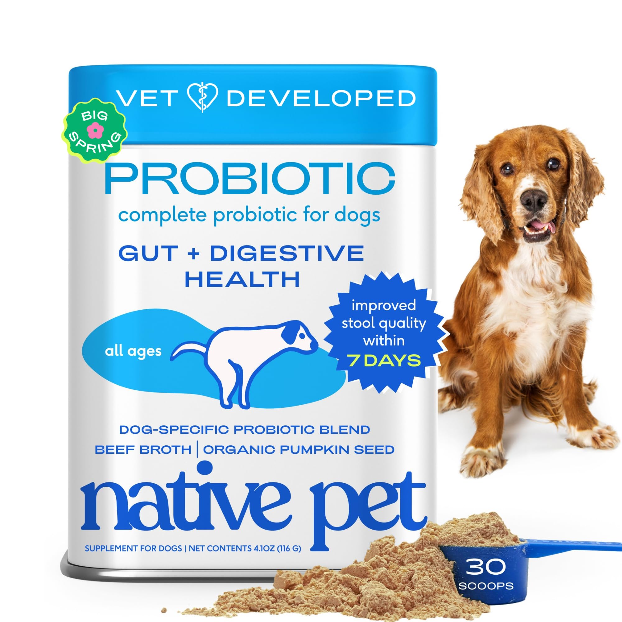Native Pet Probiotics: envase con cuchara medidora para dosificación fácil
